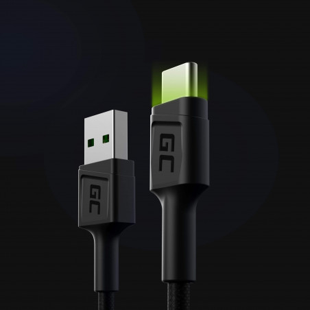 Green Cell kabel USB-A - USB-C 1.2 m z zielonym podświetleniem LED i obsługą szybkiego ładowania Ultra Charge czarny (KABGC06)