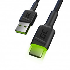 Green Cell kabel USB-A - USB-C 1.2 m z zielonym podświetleniem LED i obsługą szybkiego ładowania Ultra Charge czarny (KABGC06)