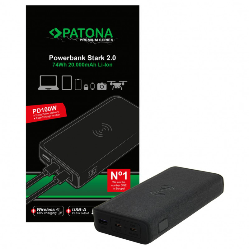 Patona Premium Powerbank Stark 2.0 PD 100W 20.000mAh z Qi 15W