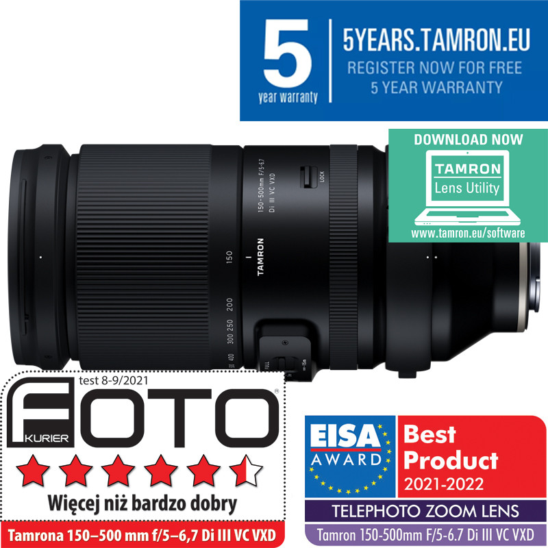 Tamron 150-500mm f/5-6.7 Di III VC VXD Sony E + obiektyw Tamron 35mm f/2.8 Di III OSD M1:2 GRATIS + 5 lat GWARANCJI GRATIS