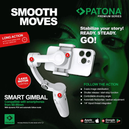 PATONA Premium 3-osiowy gimbal do smartfona z mini lampką i statywem w zestawie